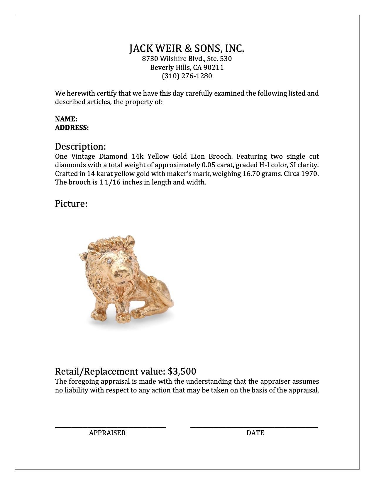Women's or Men's Vintage Diamond 14k Yellow Gold Lion Brooch For Sale