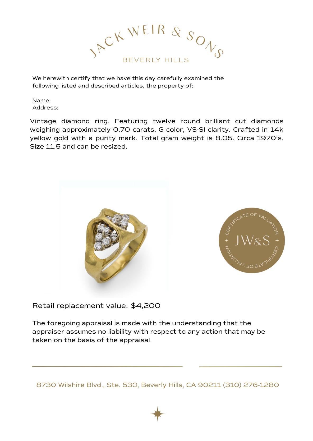 Bague vintage en or jaune 14k sertie de diamants en vente 2