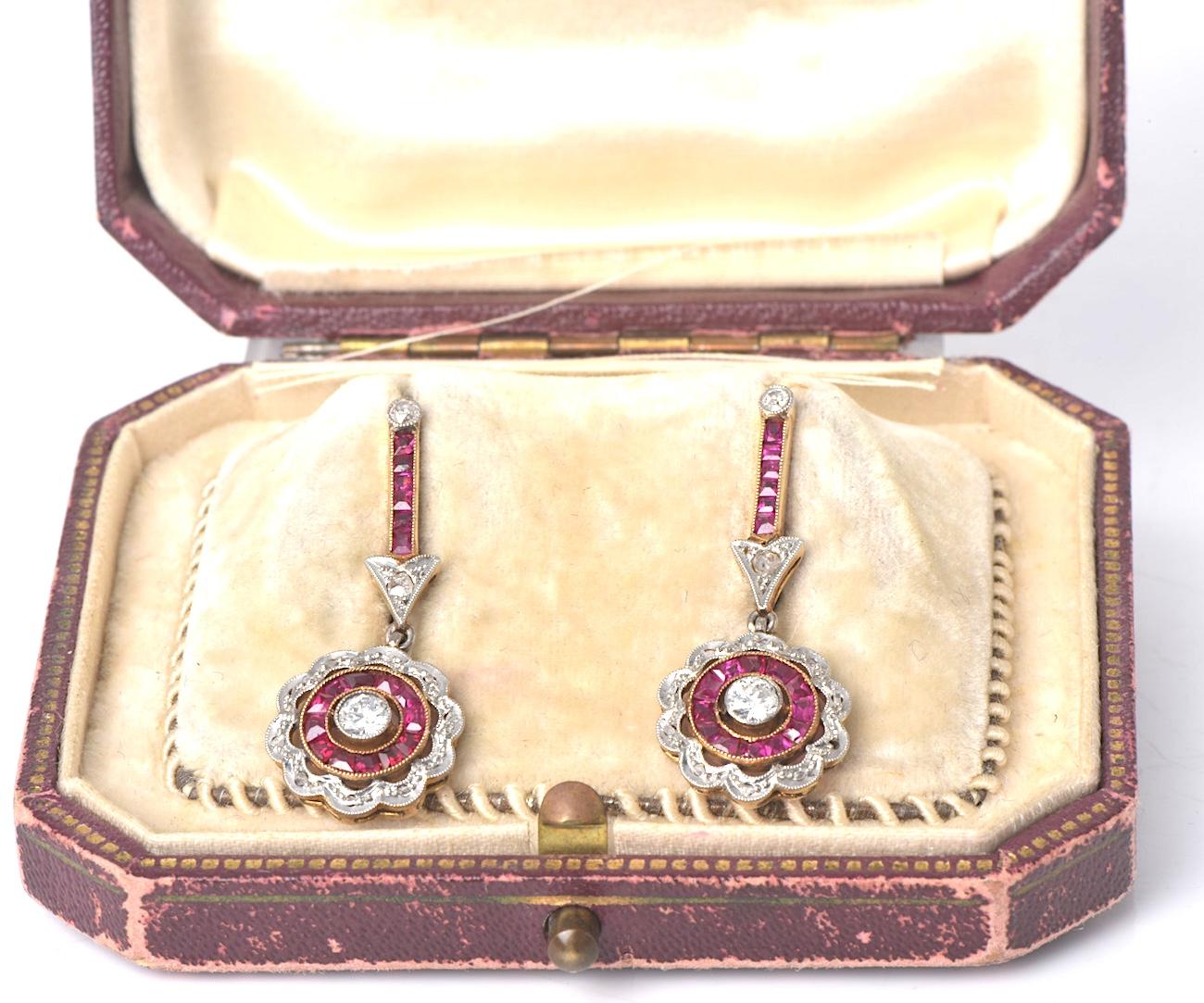 Old Mine Cut Vintage Diamond 1.60 carats  Ruby 18K Gold Flower Earrings For Sale
