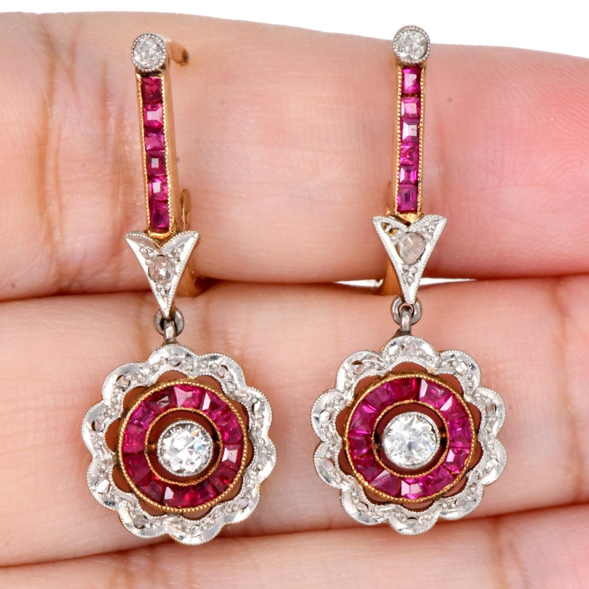 Vintage Diamond 1.60 carats  Ruby 18K Gold Flower Earrings For Sale 1