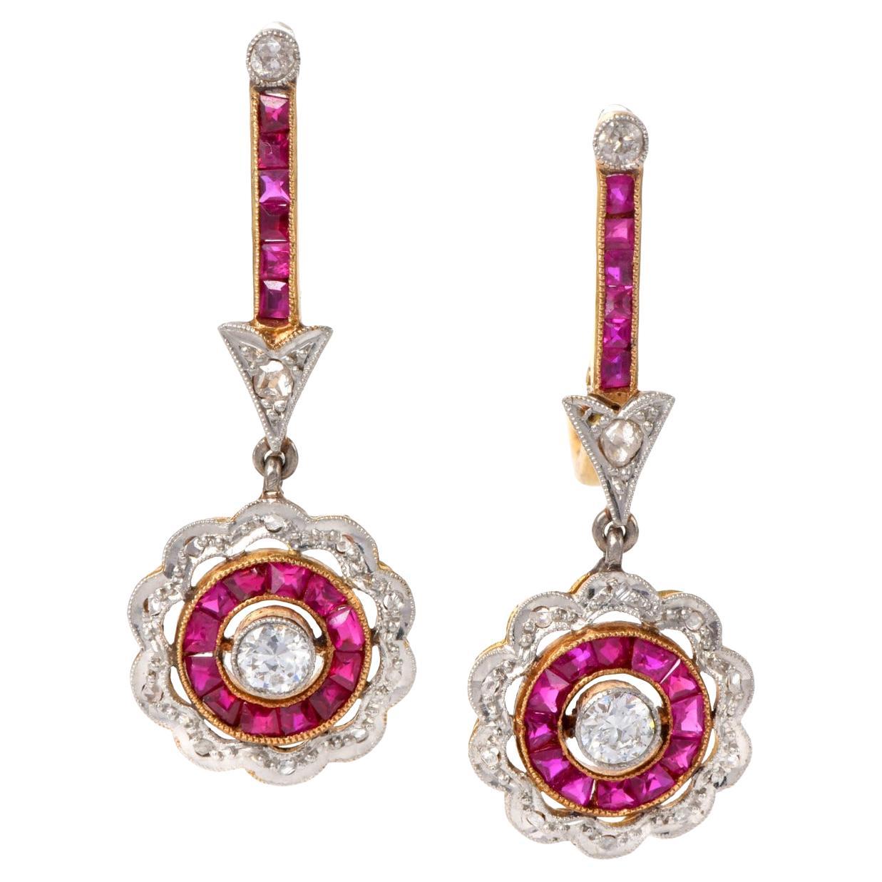 Vintage Diamond 1.60 carats  Ruby 18K Gold Flower Earrings