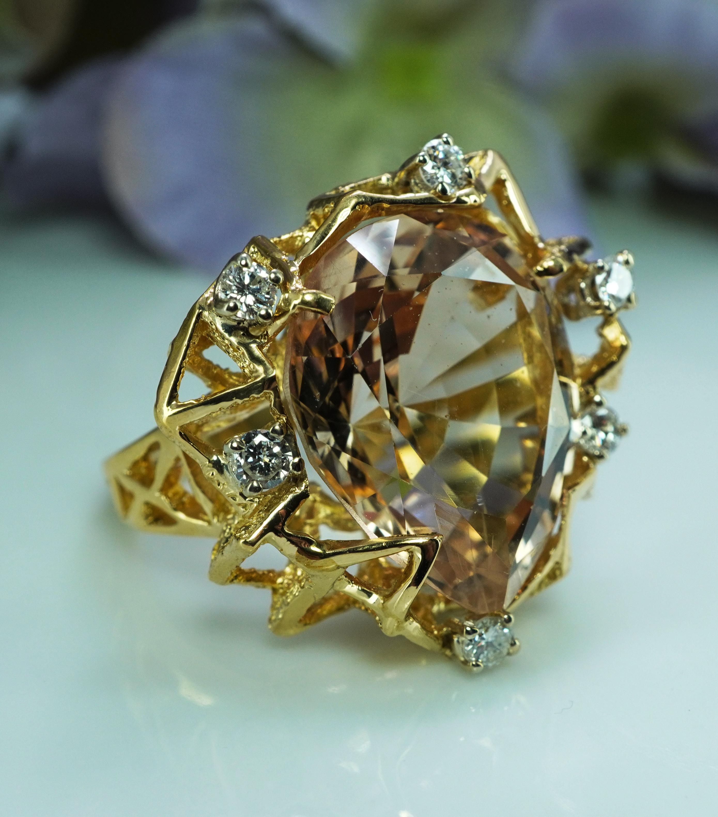 Vintage Diamond 16ct Precious Topaz Cocktail Ring 18K Gold Large Heavy Appraisal For Sale 2