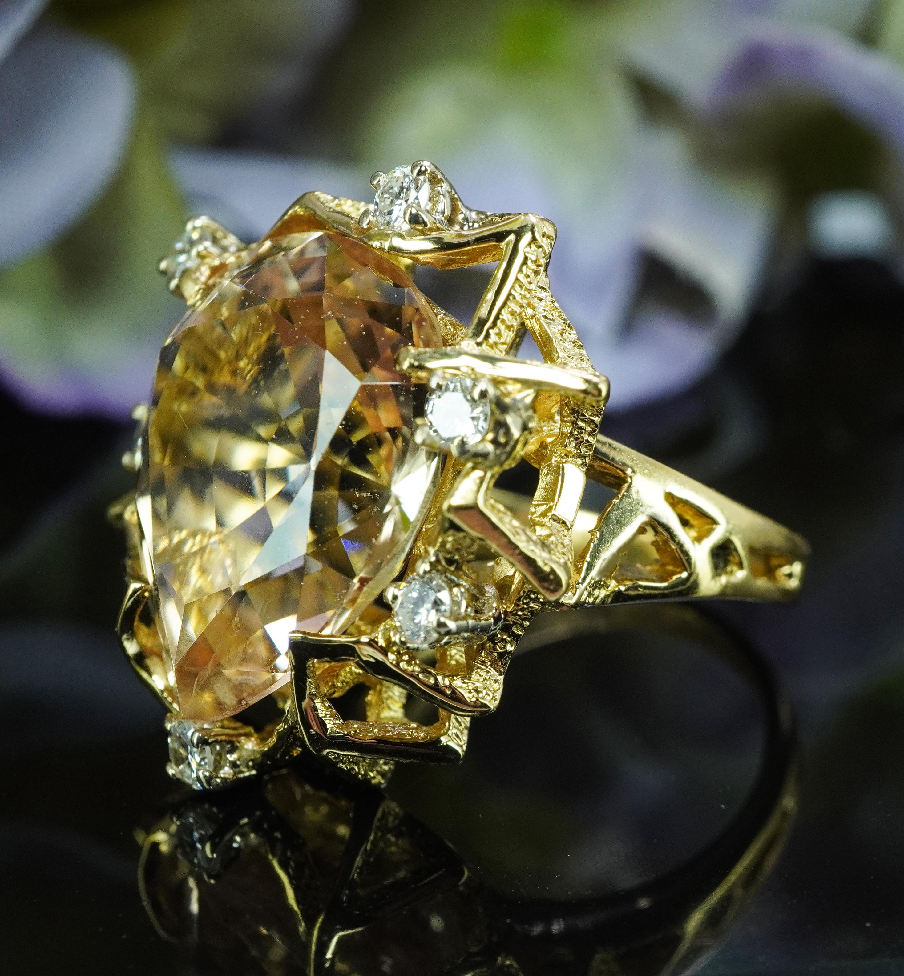 Vintage Diamond 16ct Precious Topaz Cocktail Ring 18K Gold Large Heavy Appraisal For Sale 4