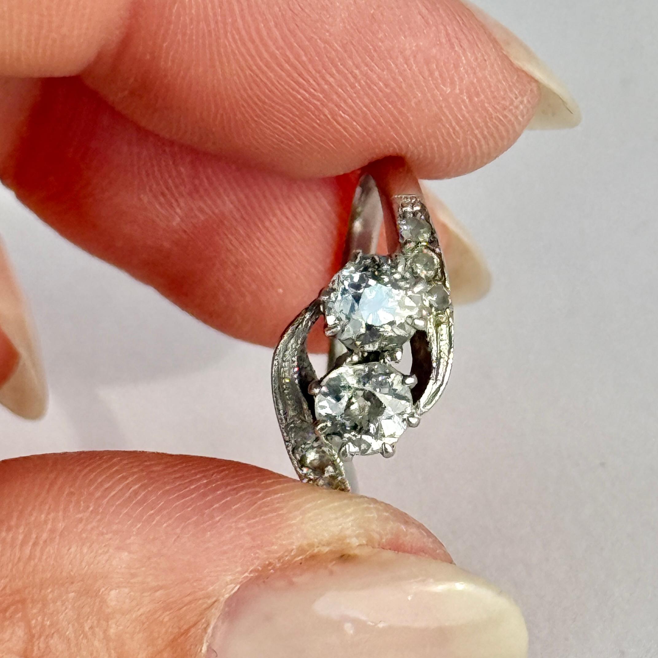 Vintage Diamond 18 Carat White Gold Crossover Moi et Toi Ring In Good Condition For Sale In Chipping Campden, GB
