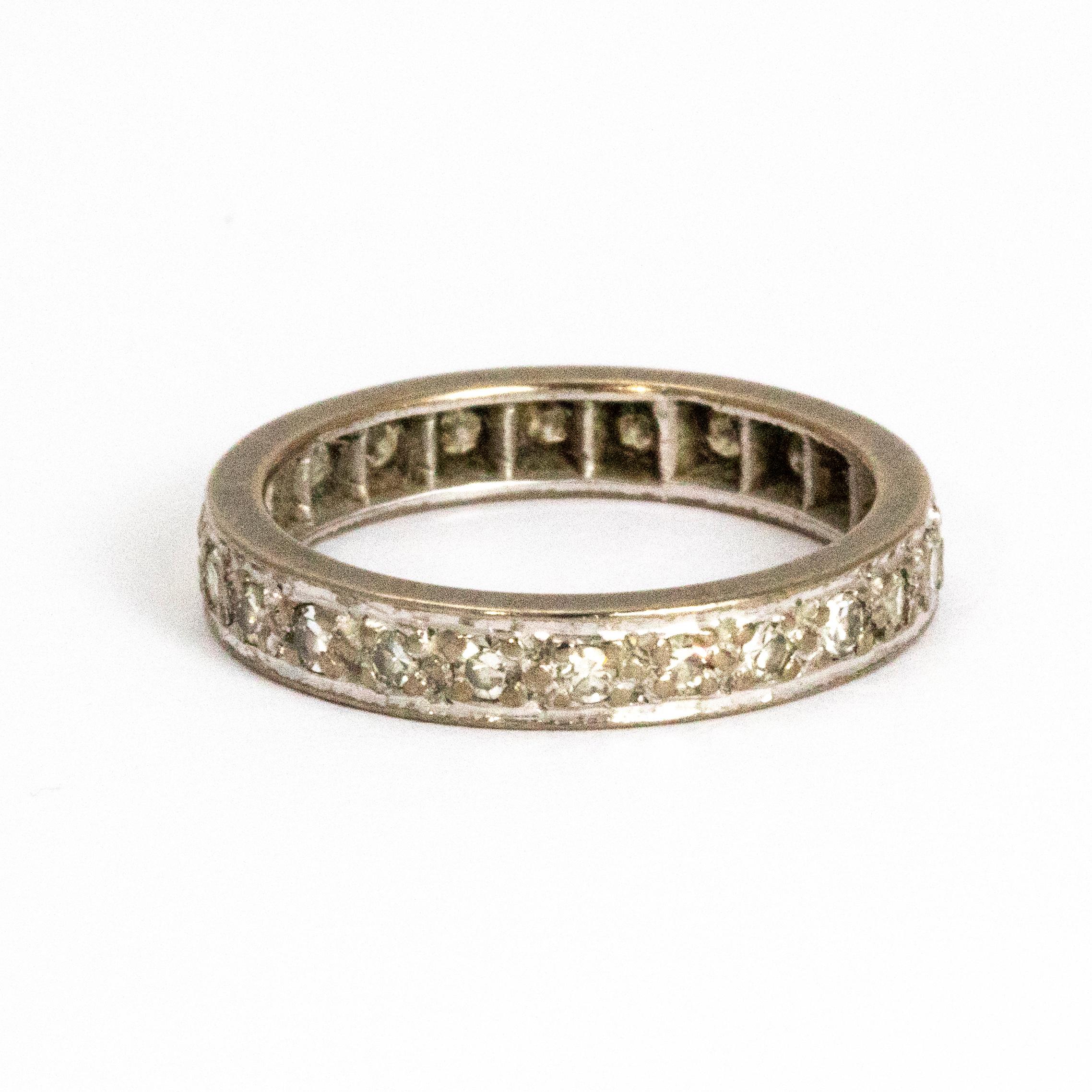 Old European Cut Vintage Diamond 18 Carat White Gold Eternity Band For Sale