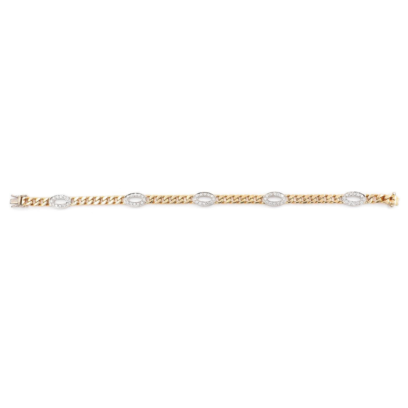 Vintage Tiffany & Co. Italy 1.00 Ctw. Diamond & Curb Link Gold Chain Bracelet., composed of 18k yellow gold & 18k white gold. Set with 60 Round Brilliant Cut diamonds weighing approximately 1.00 carats in total, estimated to have G-H in clarity and