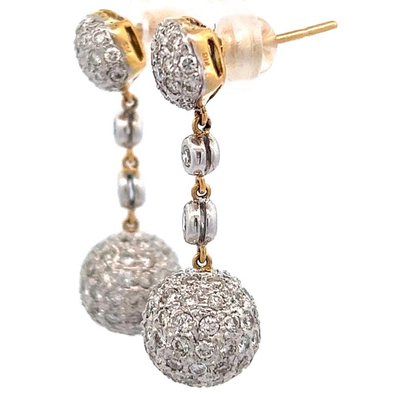 Round Cut Vintage Diamond 18 Karat Two Tone Gold Pave Ball Dangle Earrings