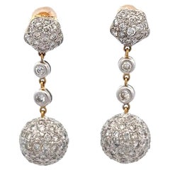 Vintage Diamond 18 Karat Two Tone Gold Pave Ball Dangle Earrings