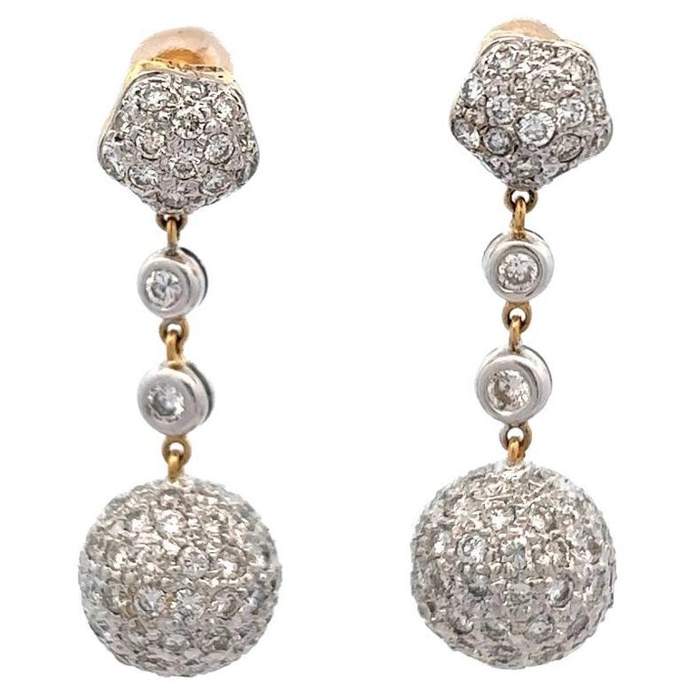 Vintage Diamond 18 Karat Two Tone Gold Pave Ball Dangle Earrings For