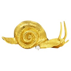 Vintage Diamond 18 Karat Yellow Gold Snail Brooch