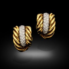 Vintage Diamond & 18ct Yellow Gold Rope Twist Earrings circa 1950