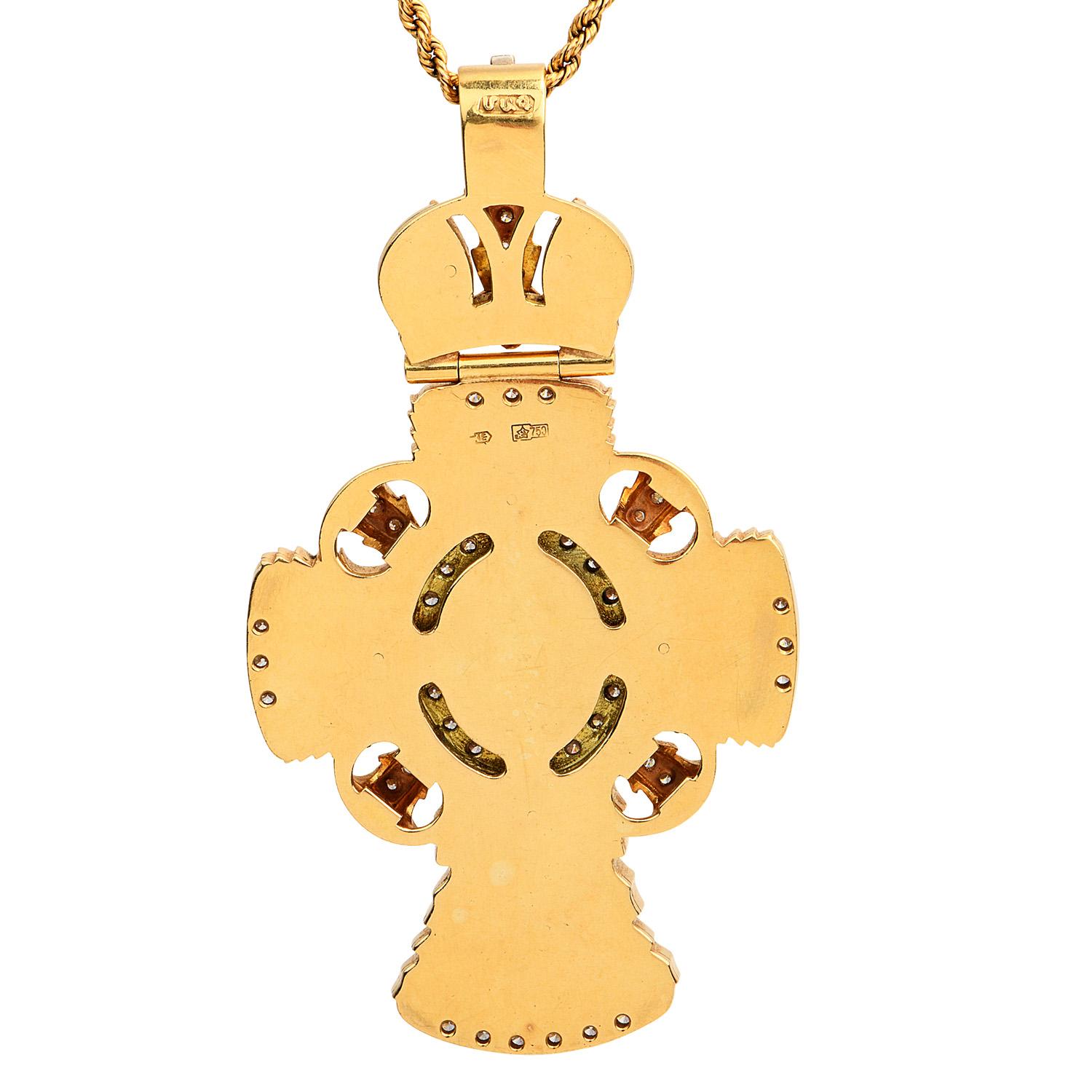 Retro Vintage Diamond 18K Gold Enamel Christ Large Cross Pendant