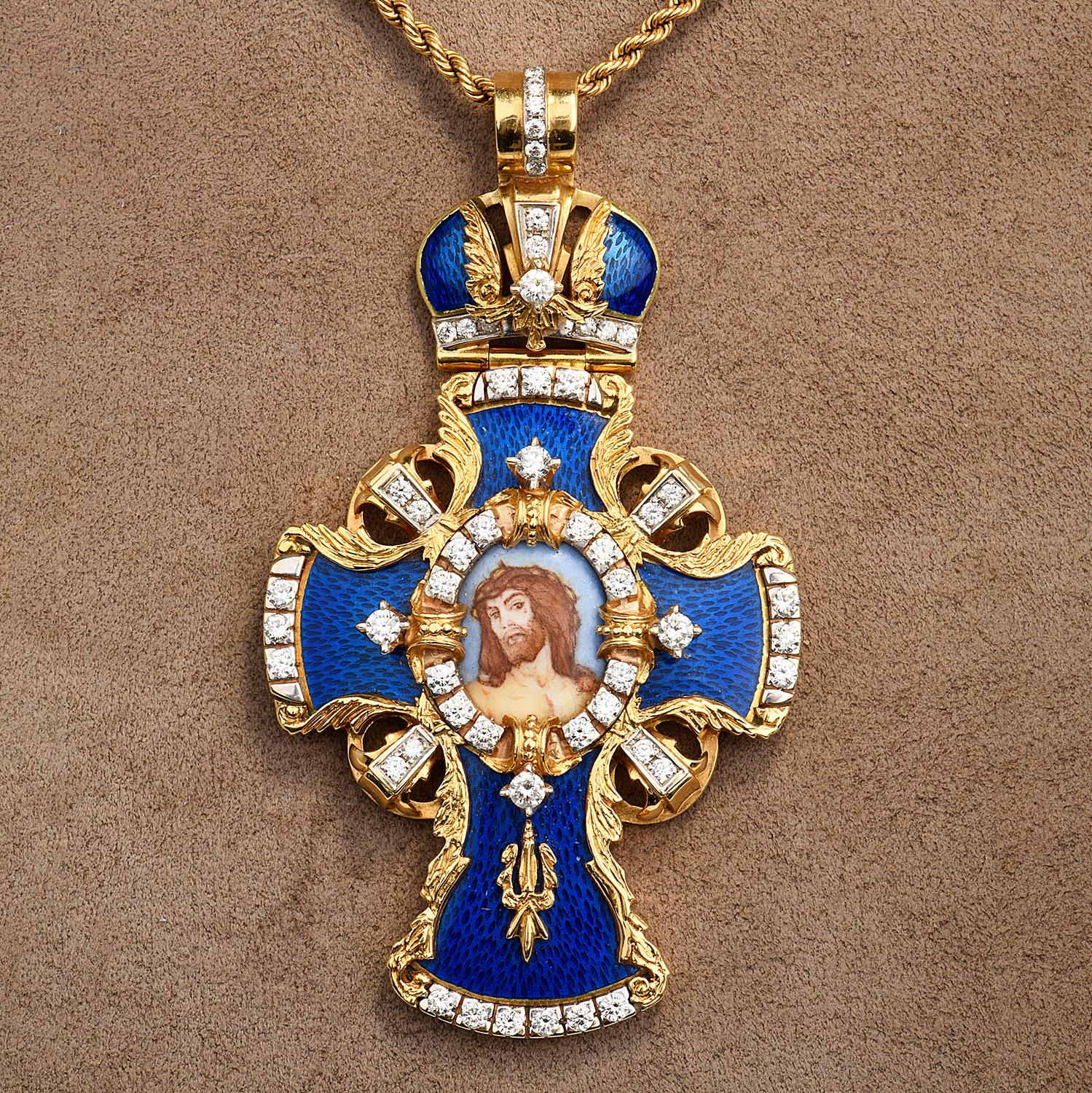 Round Cut Vintage Diamond 18K Gold Enamel Christ Large Cross Pendant