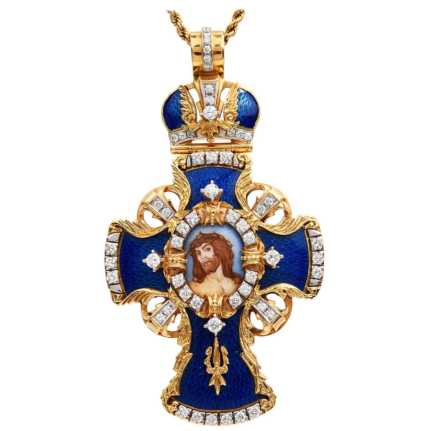 Vintage Diamond 18K Gold Enamel Christ Large Cross Pendant