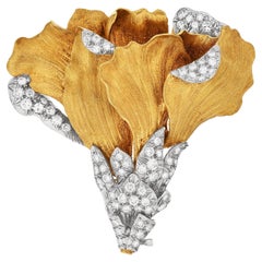 Vintage Diamond 18K Gold Tulip Flower Brooch Pin