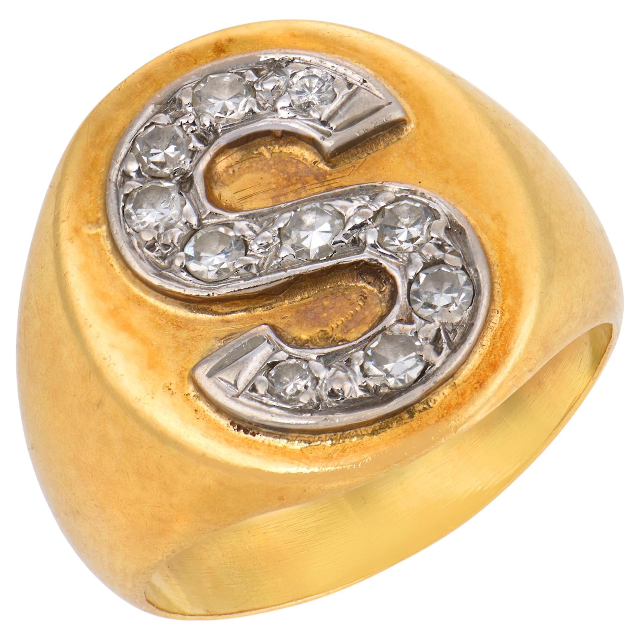 Vintage diamond 18k two tone gold signet "S" ring