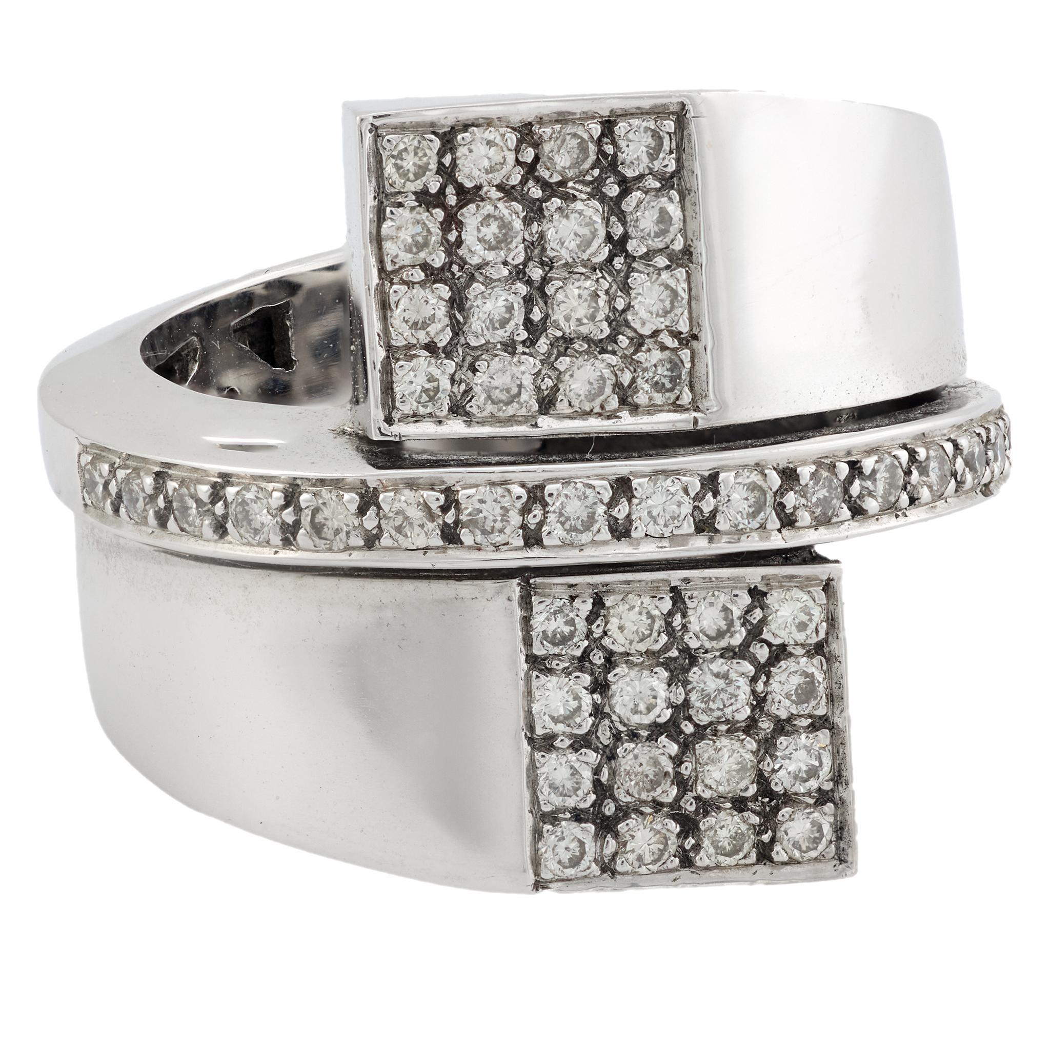Contemporary Vintage diamond 18k white gold bypass ring For Sale