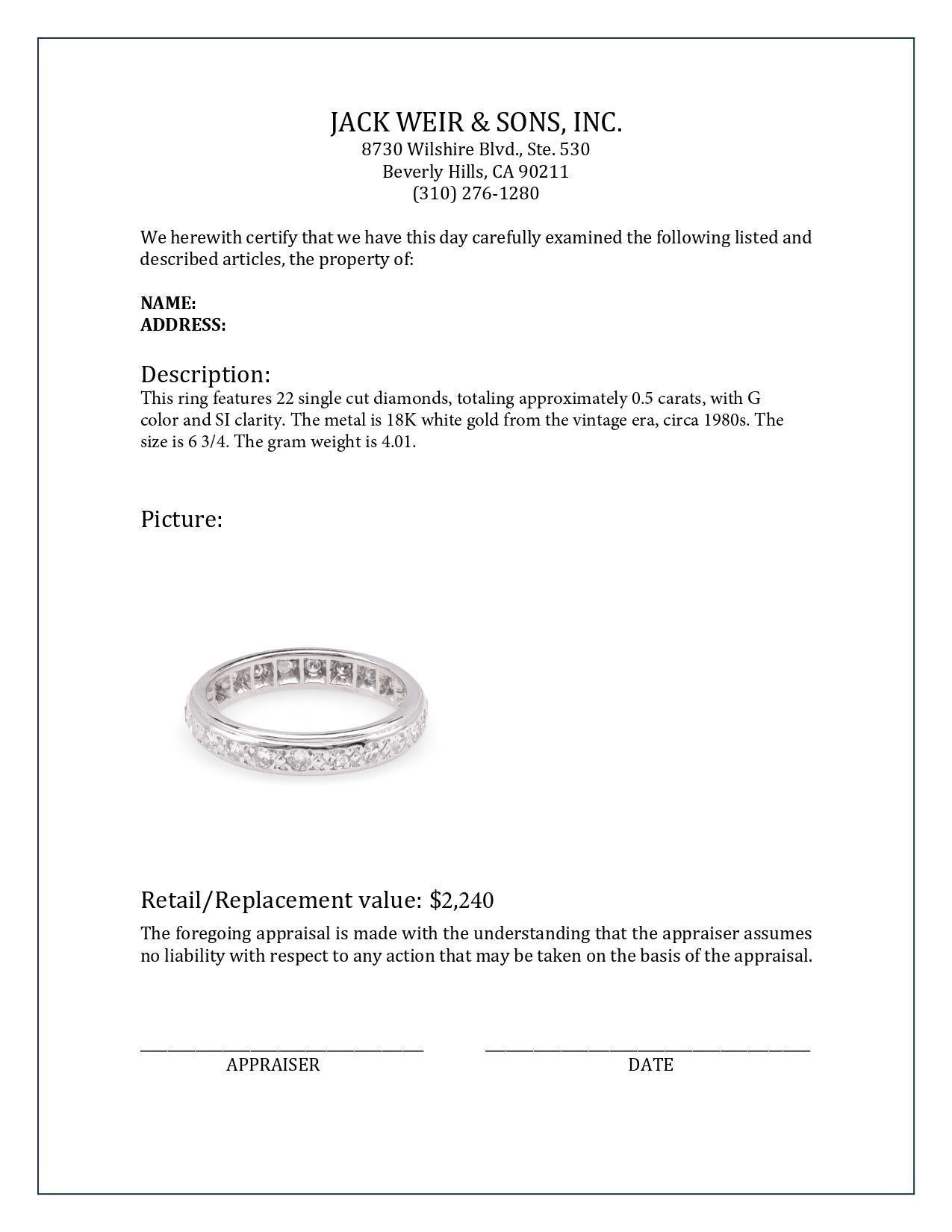 Anillo de eternidad de oro blanco de 18 quilates con diamantes vintage en Excelente estado para la venta en Beverly Hills, CA