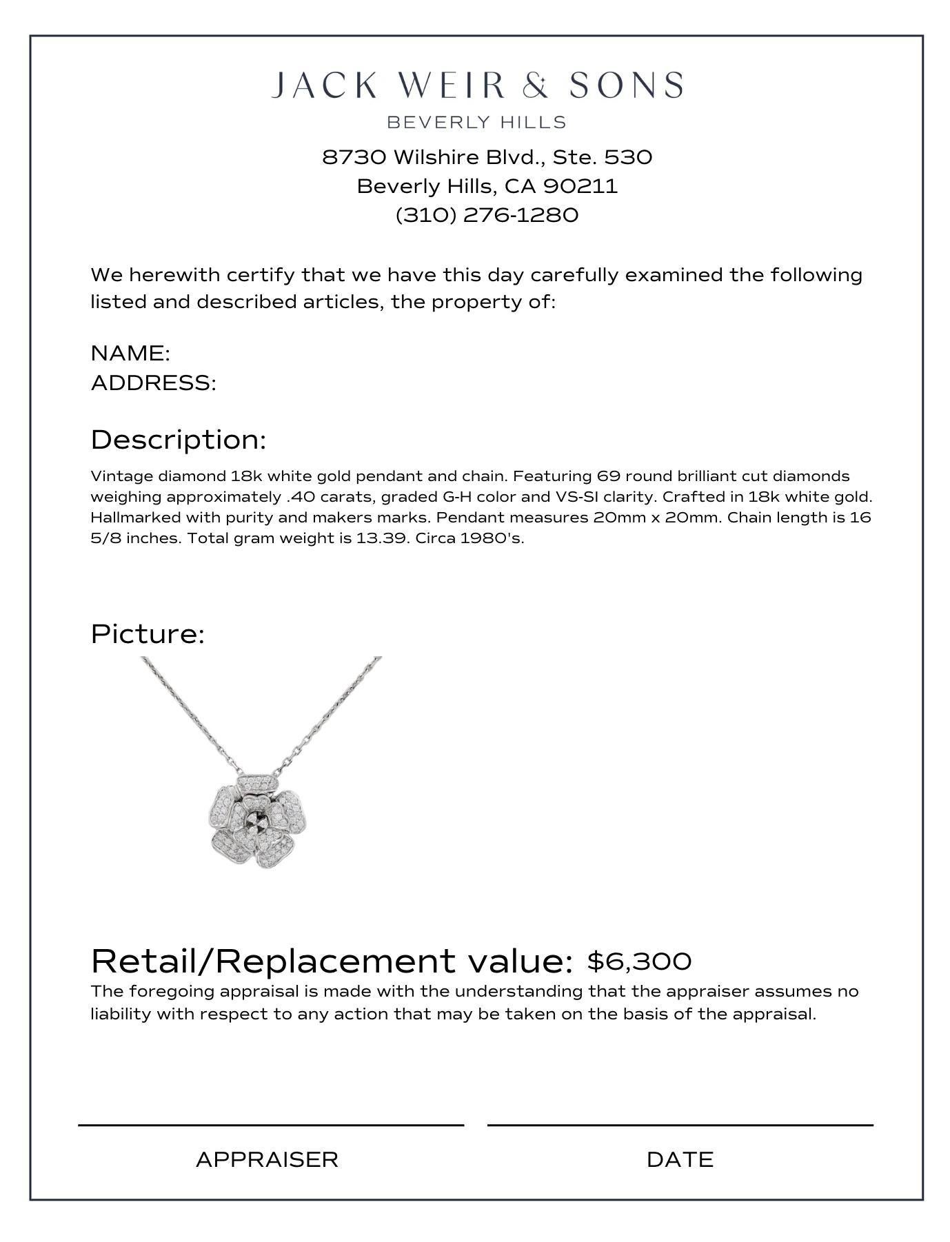 Women's Vintage diamond 18k white gold flower necklace For Sale