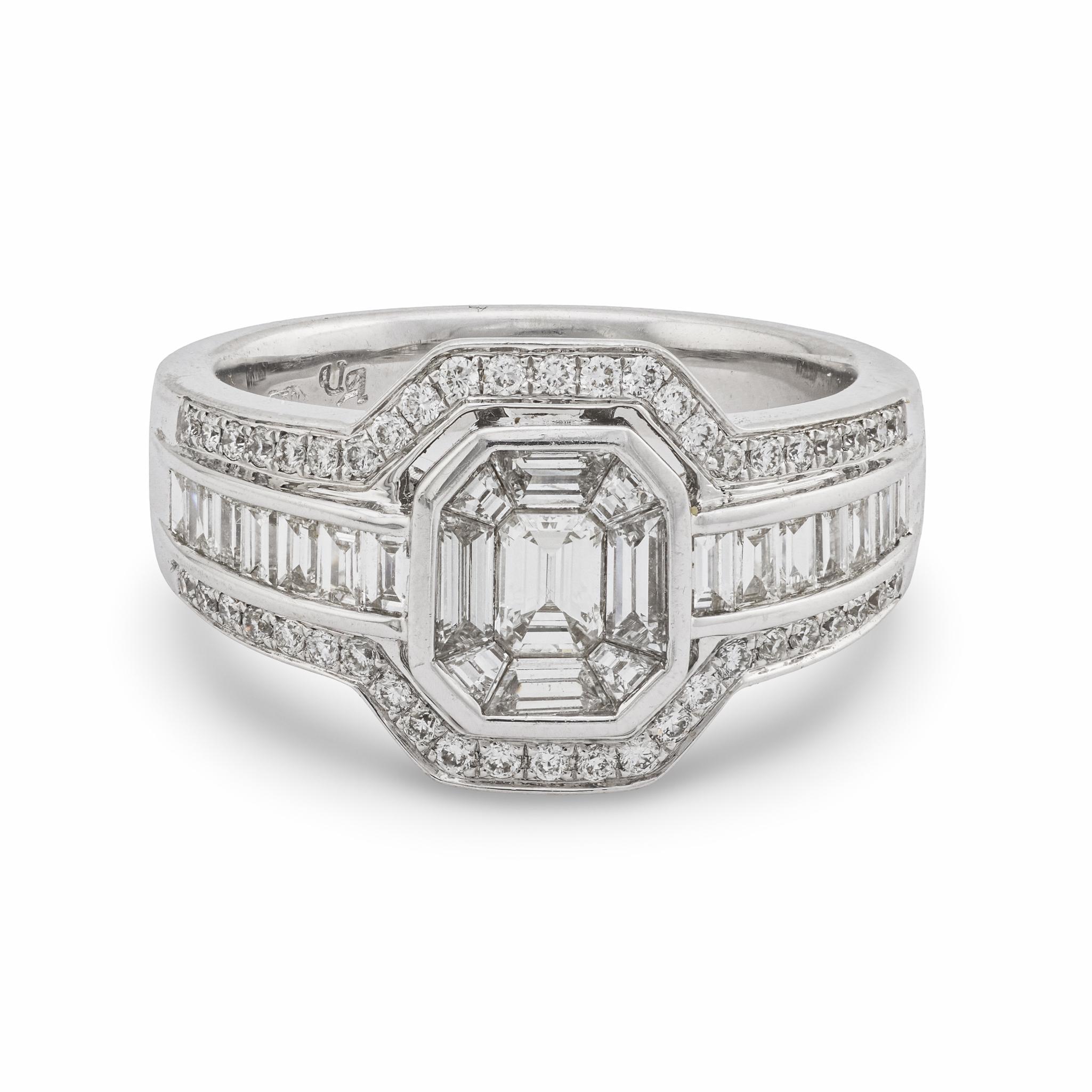 Modern Vintage diamond 18k white gold mosaic diamond engagement ring For Sale