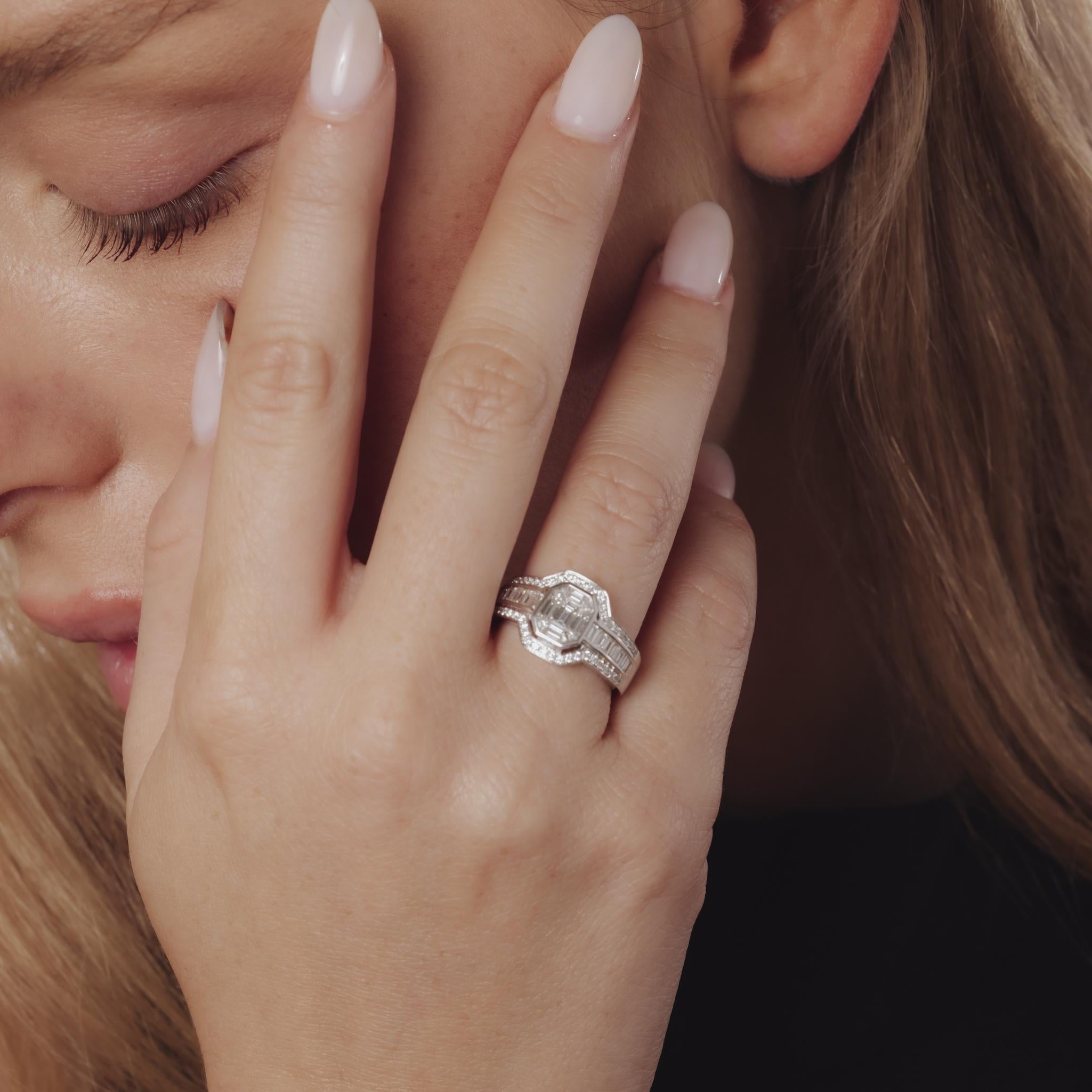 Emerald Cut Vintage diamond 18k white gold mosaic diamond engagement ring For Sale