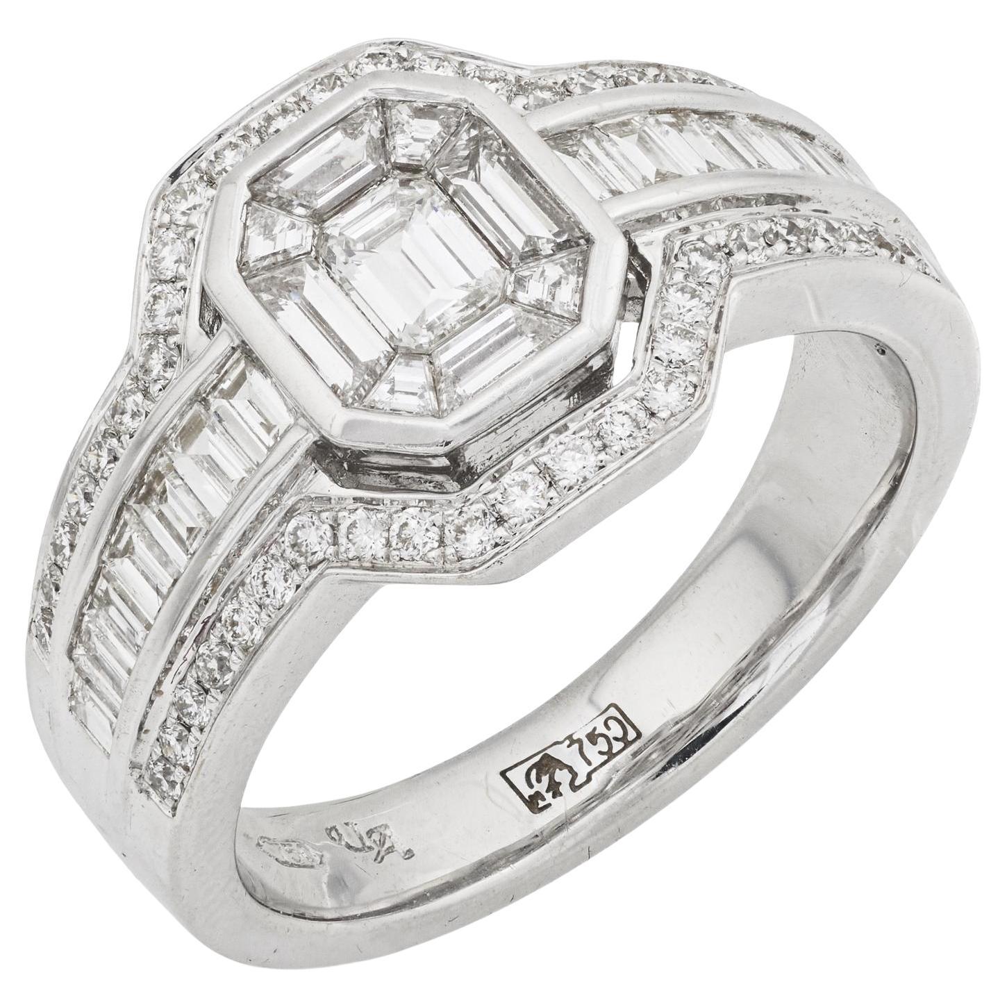 Bague de fiançailles en or blanc 18k mosaïque de diamants vintage