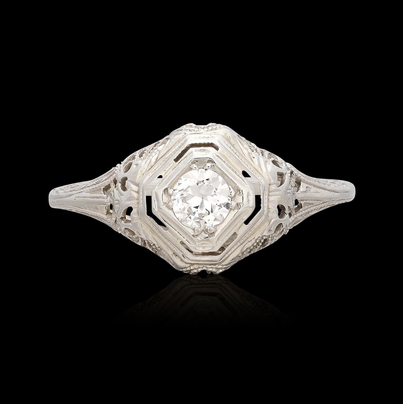 Old European Cut Vintage Diamond & 18k White Gold Ring For Sale