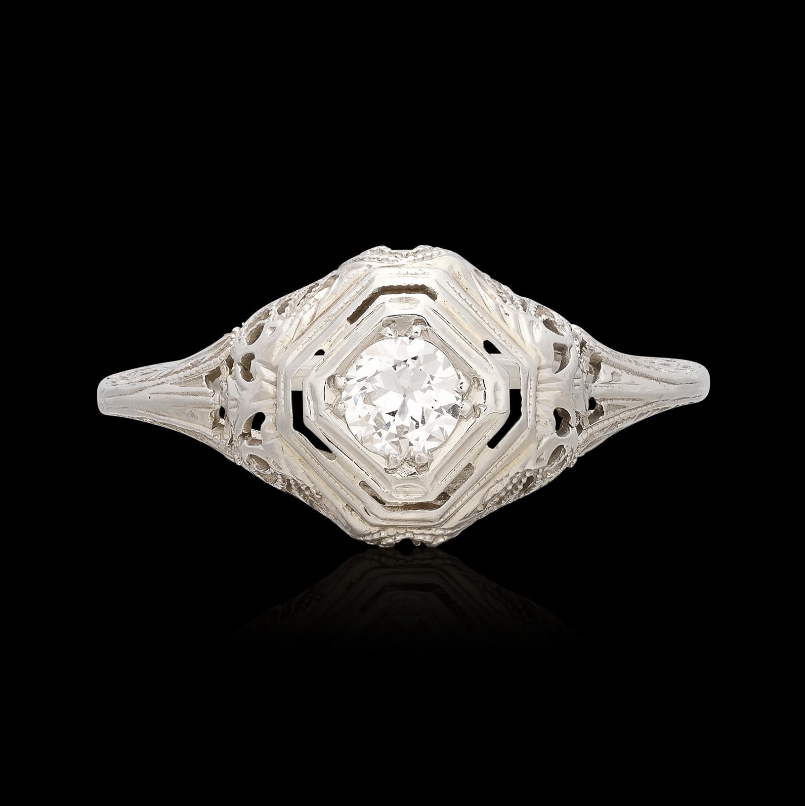 Old European Cut Vintage Diamond & 18k White Gold Ring For Sale
