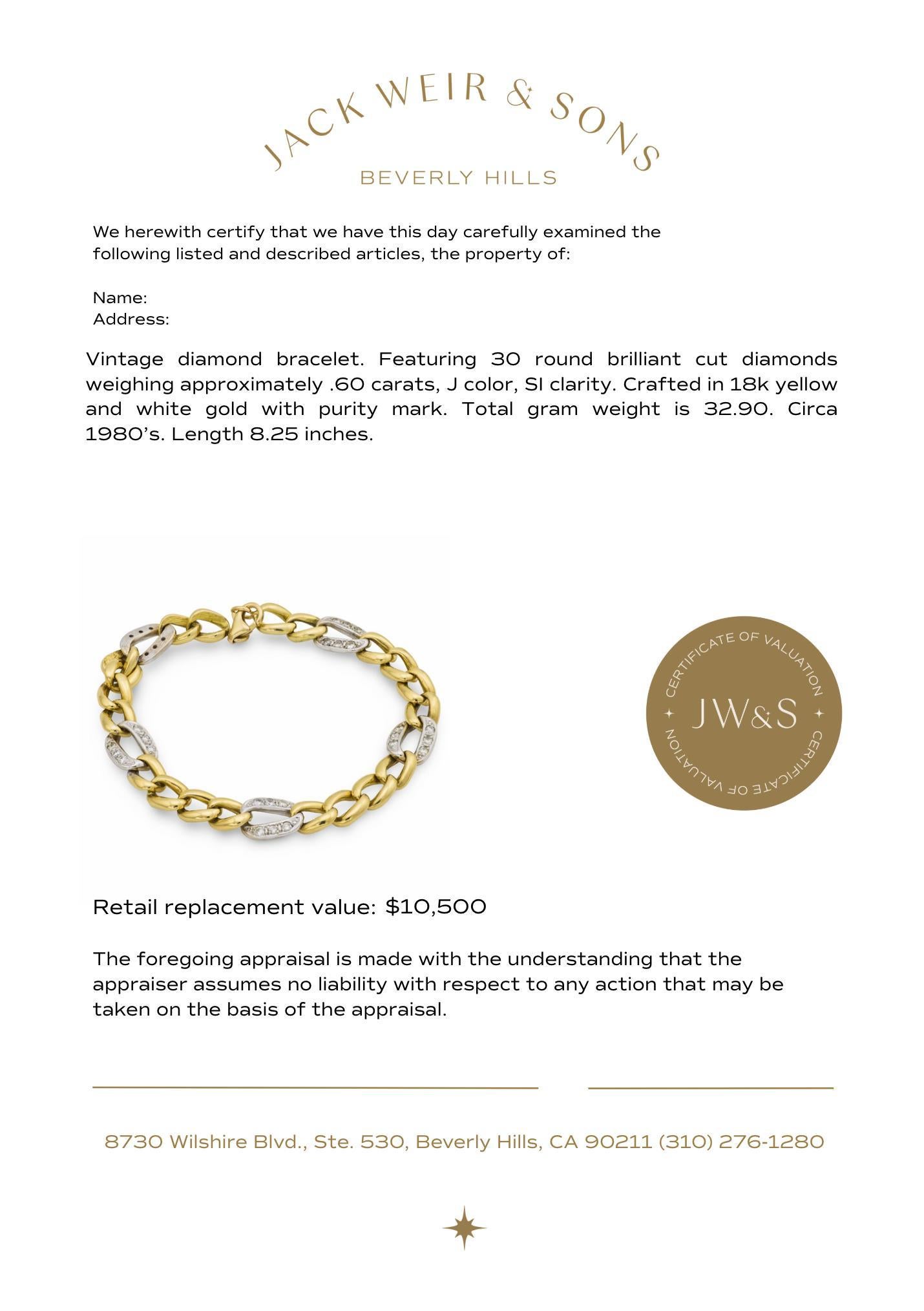 Taille brillant Bracelet vintage en or jaune et blanc 18k serti de diamants en vente