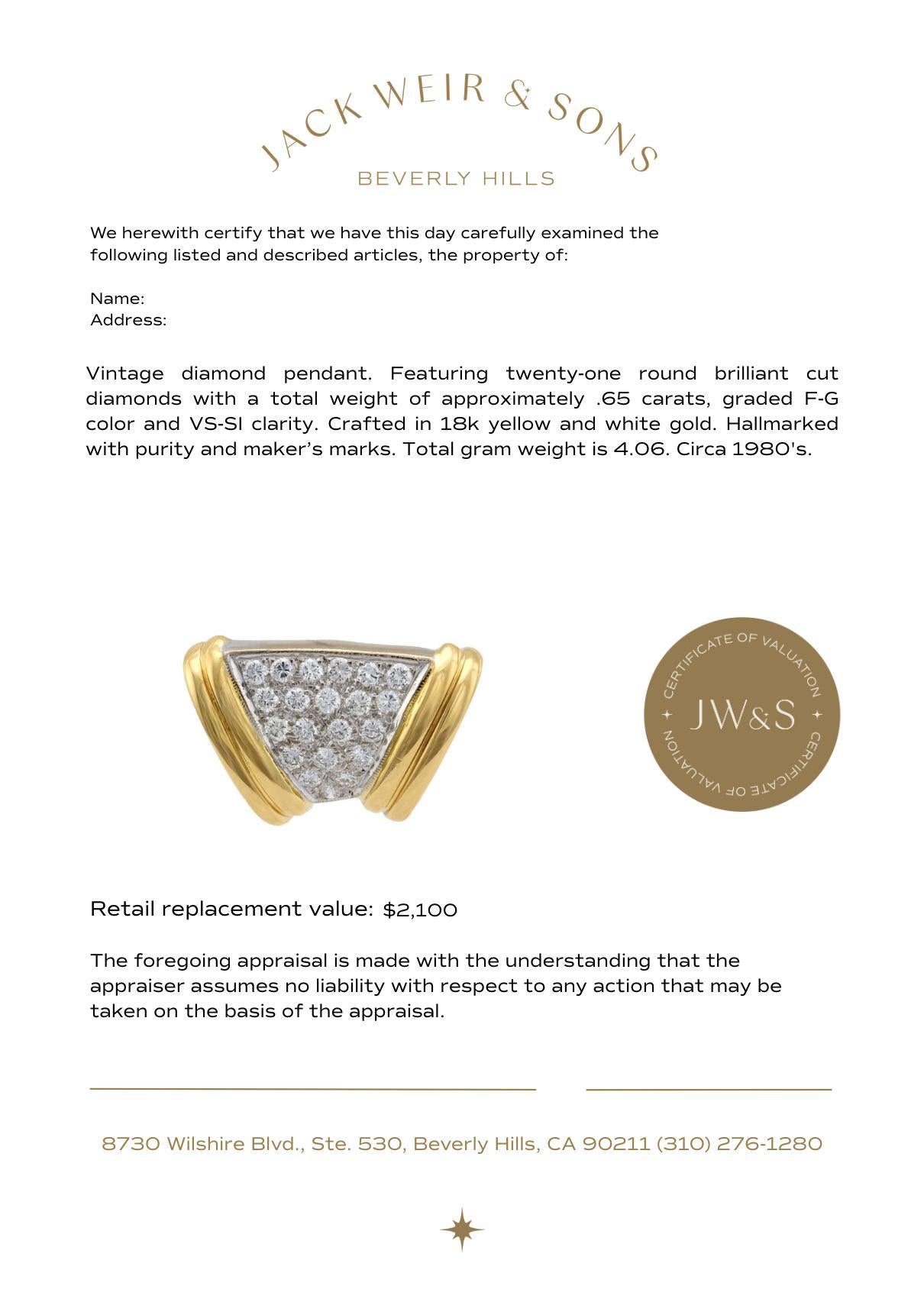 Pendentif vintage en or jaune et blanc 18k serti de diamants Bon état - En vente à Beverly Hills, CA