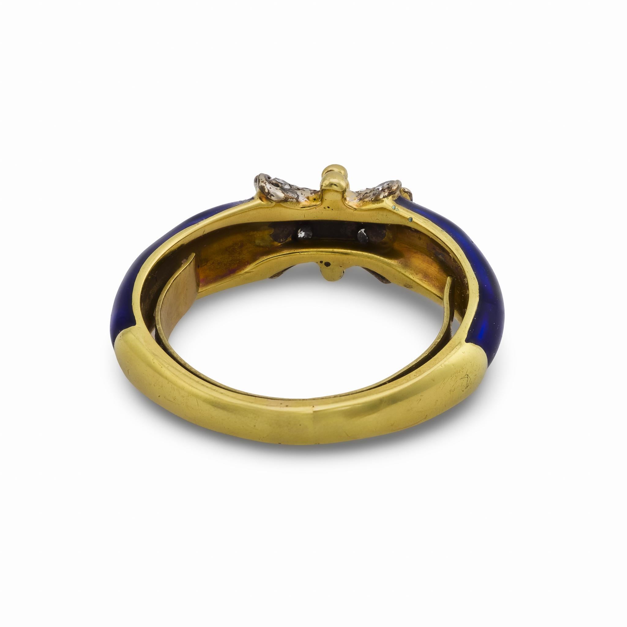 Contemporain Bague vintage en or jaune 18k avec diamant et émail bleu en vente