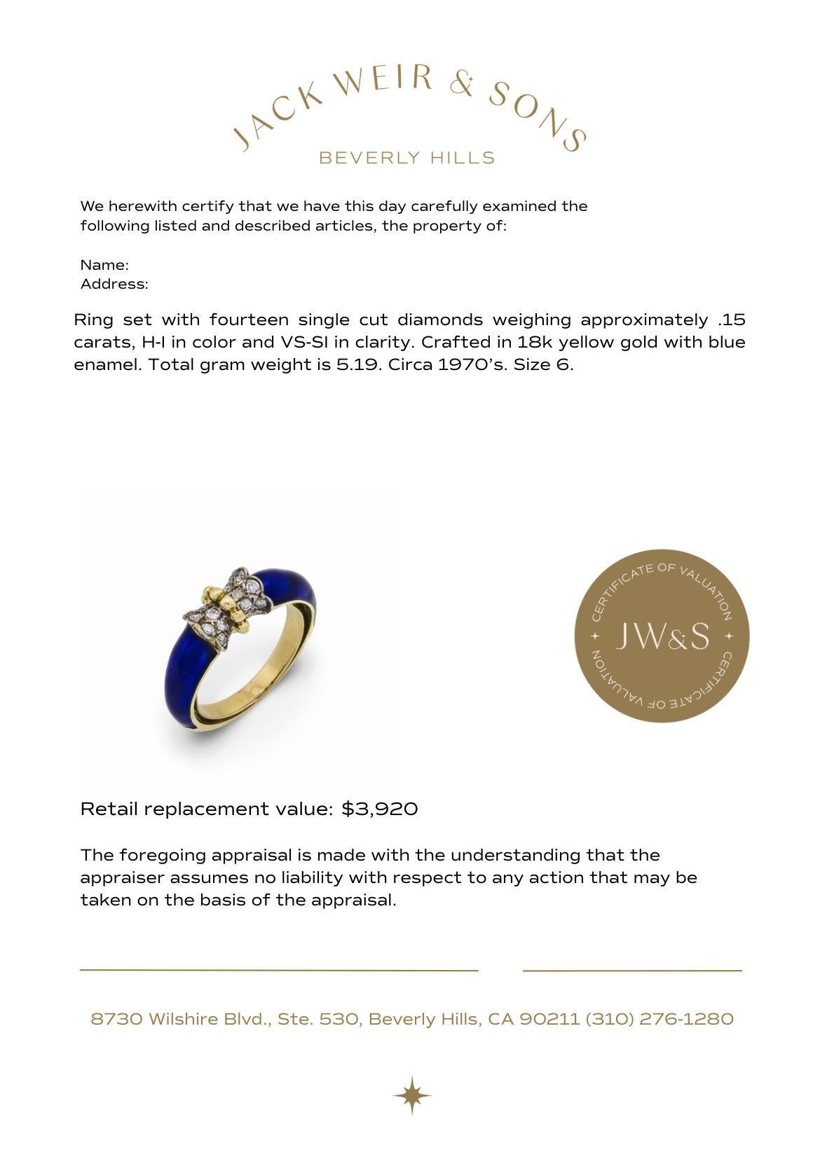 Bague vintage en or jaune 18k avec diamant et émail bleu en vente 2
