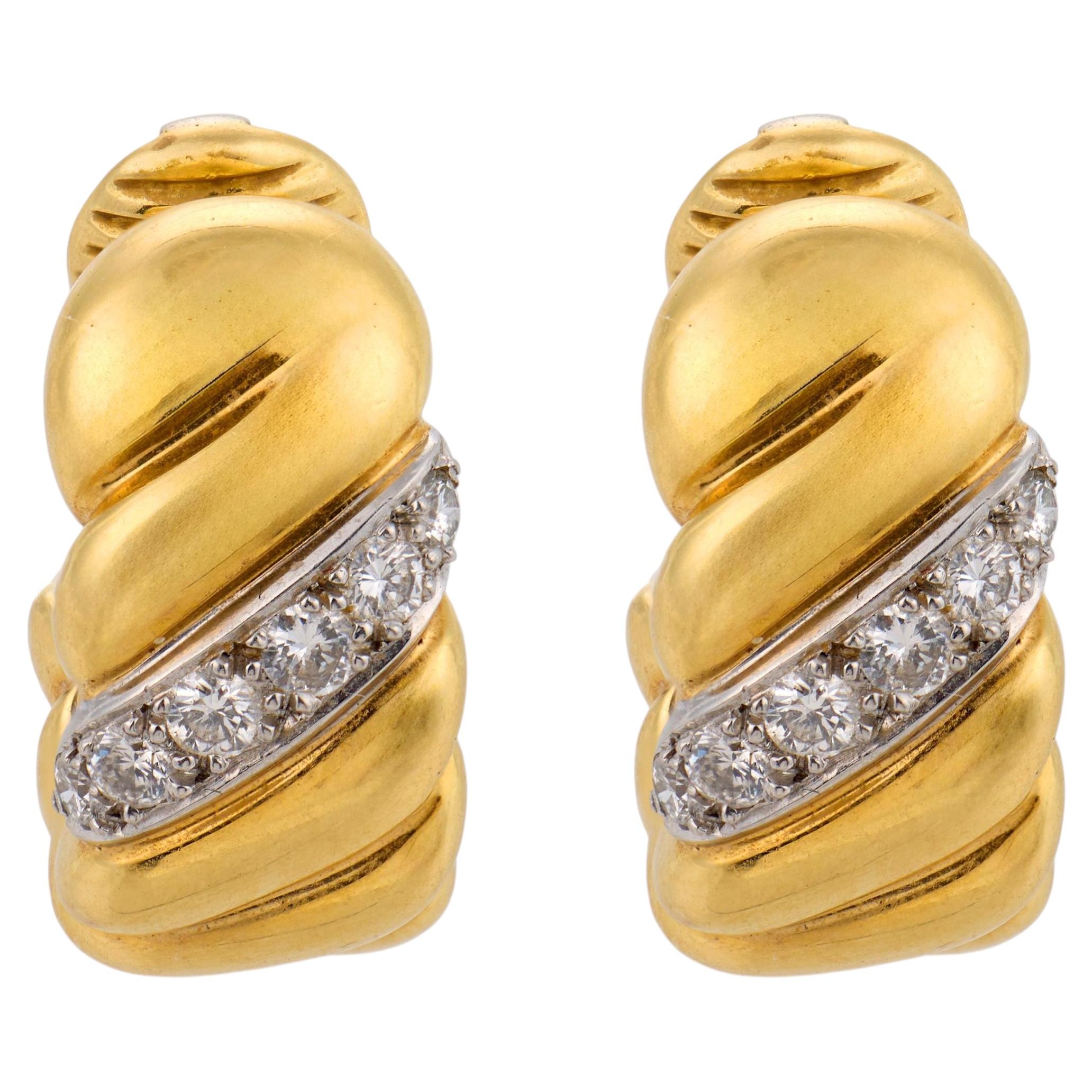 Vintage diamond 18k yellow gold and platinum hoop ear clips