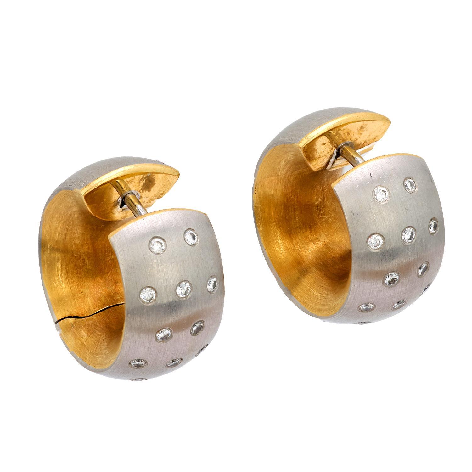 Pendientes de aro vintage de diamantes en oro amarillo de 18k y platino Moderno en venta