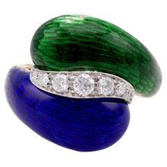 Vintage Diamant-Ring aus 18 Karat Gelbgold mit blauer und grüner Emaille