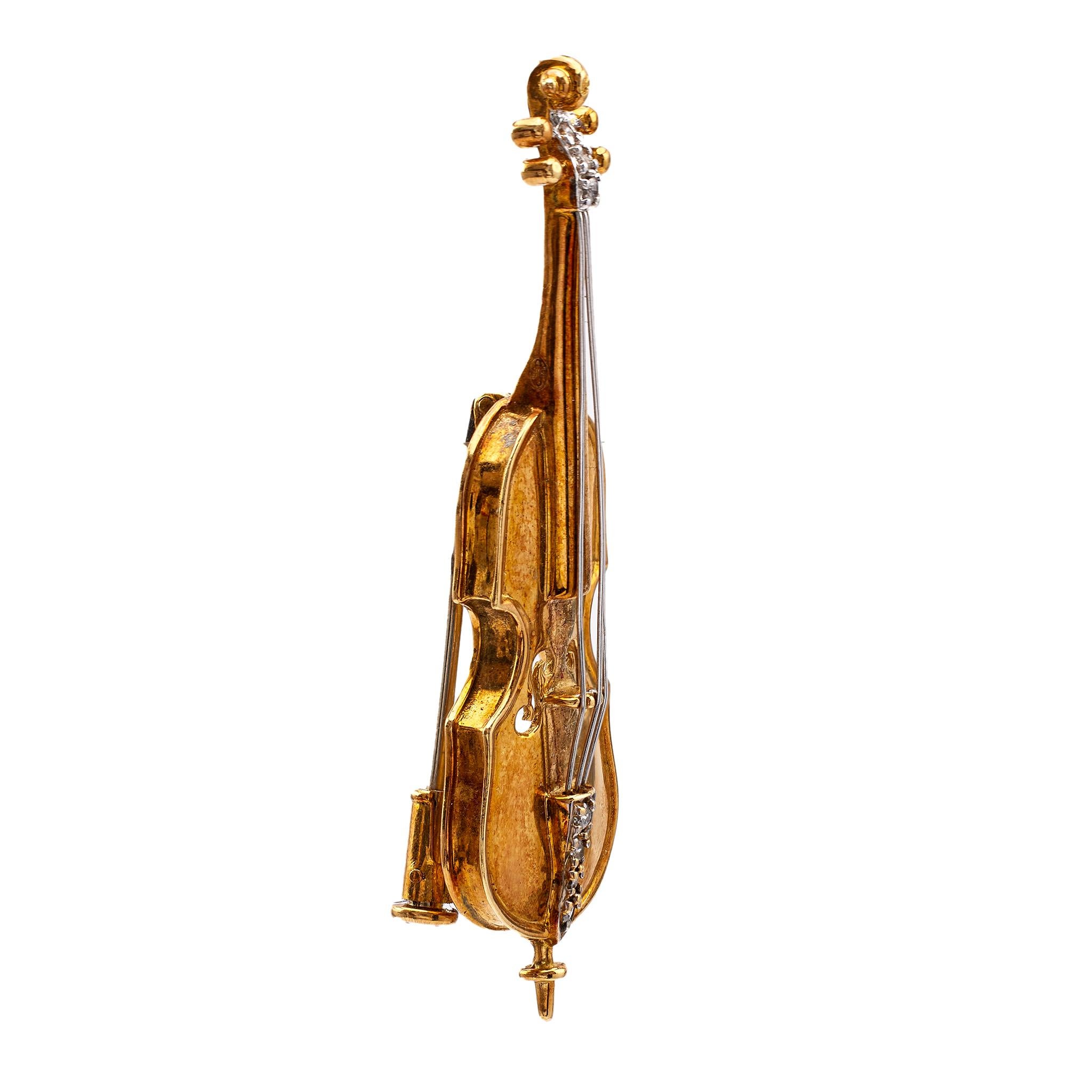 Women's or Men's Vintage Diamond 18k Yellow Gold Cello Brooch For Sale