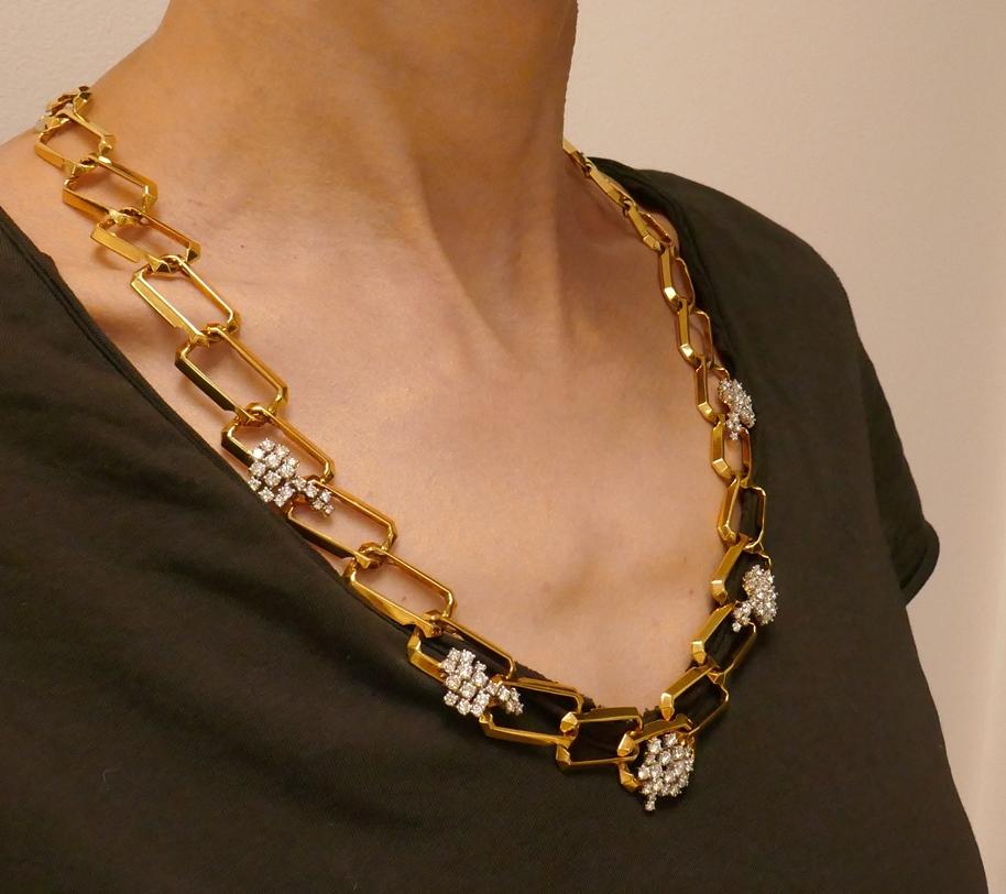 Taille ronde Chaîne collier vintage en or jaune 18 carats avec diamants - Bijoux de succession en vente