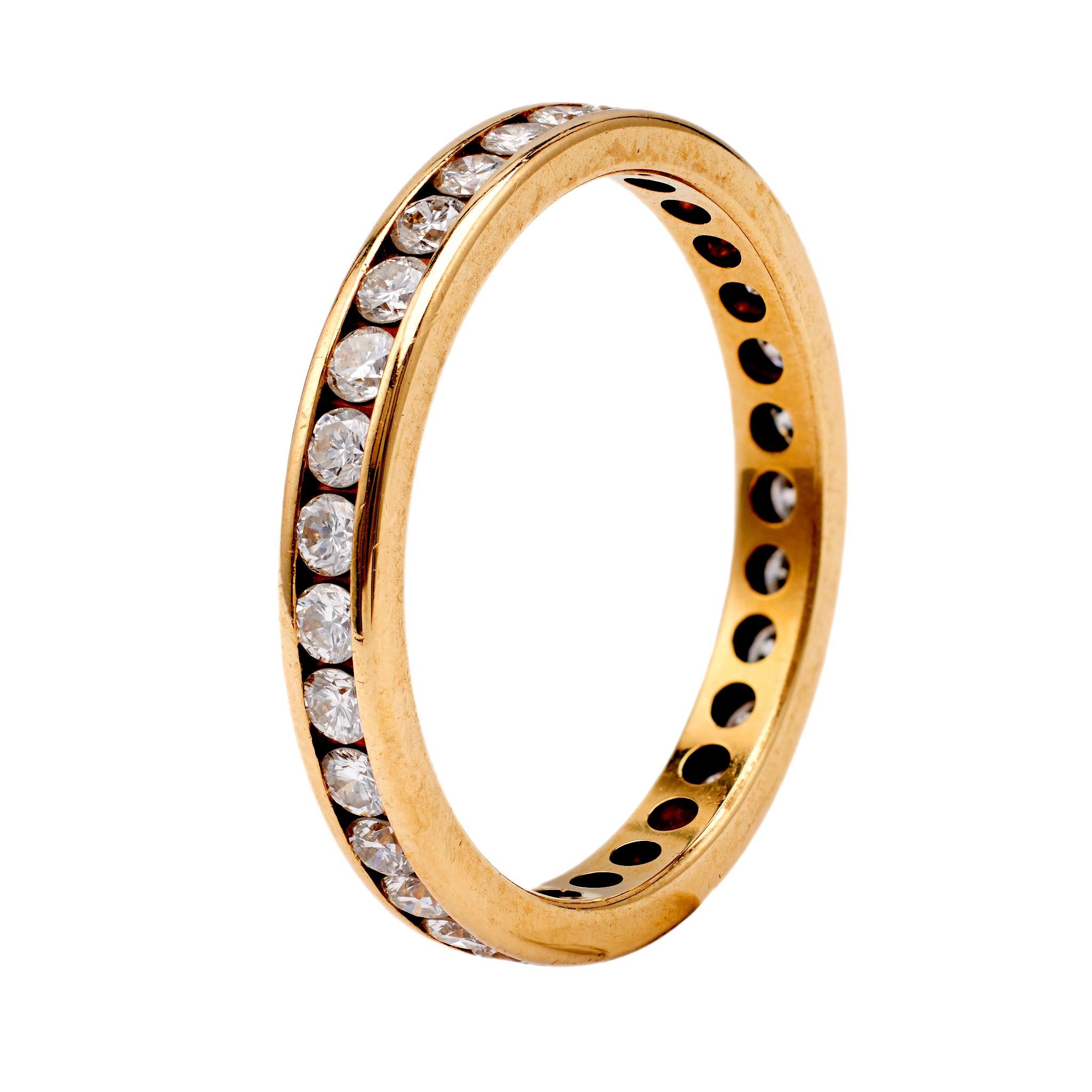 Women's or Men's Vintage Diamond 18k Yellow Gold Channel Set Eternity Band For Sale