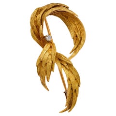 Vintage diamond 18k yellow gold feather brooch
