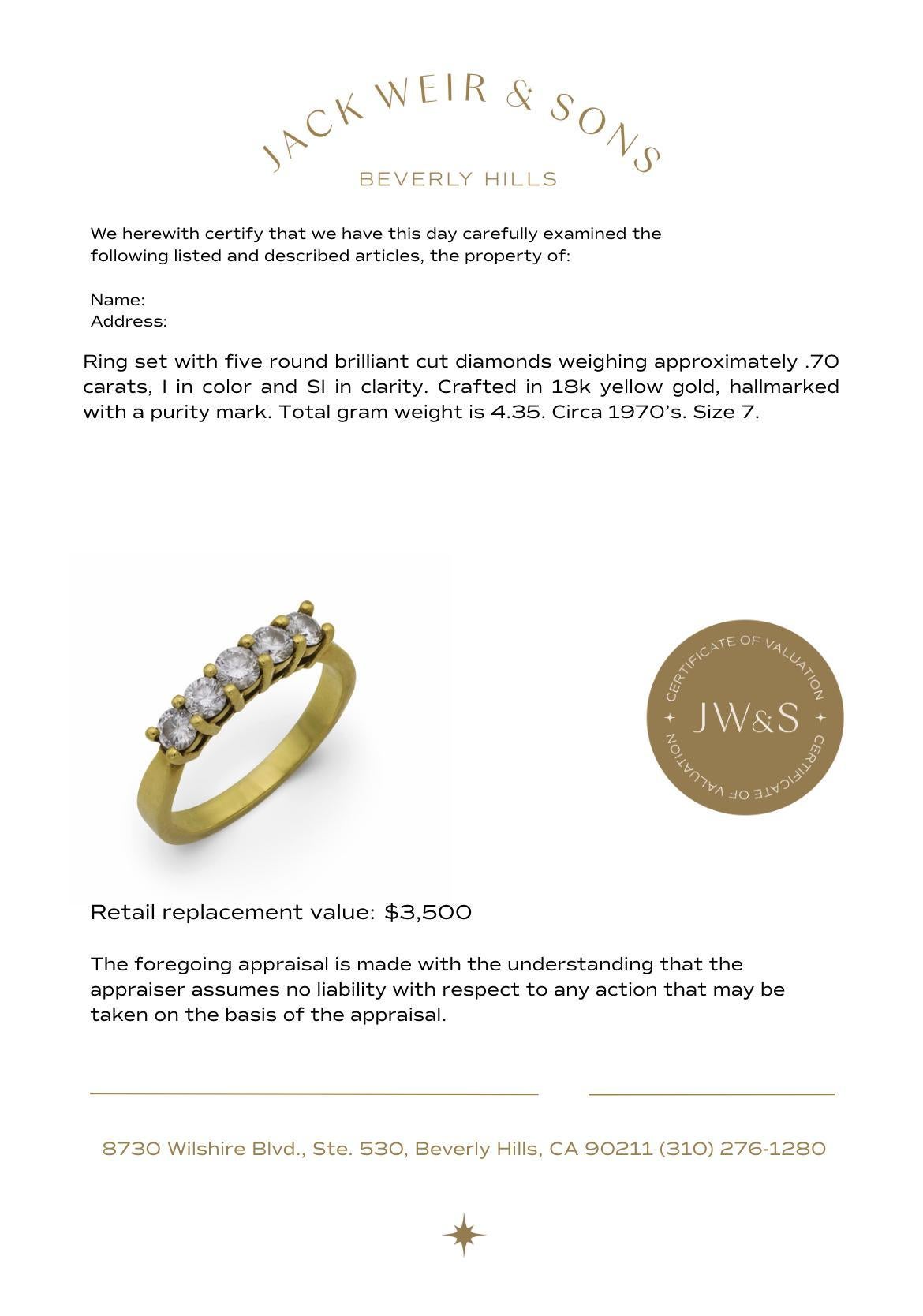 Bague vintage en or jaune 18k avec cinq pierres et diamants en vente 2