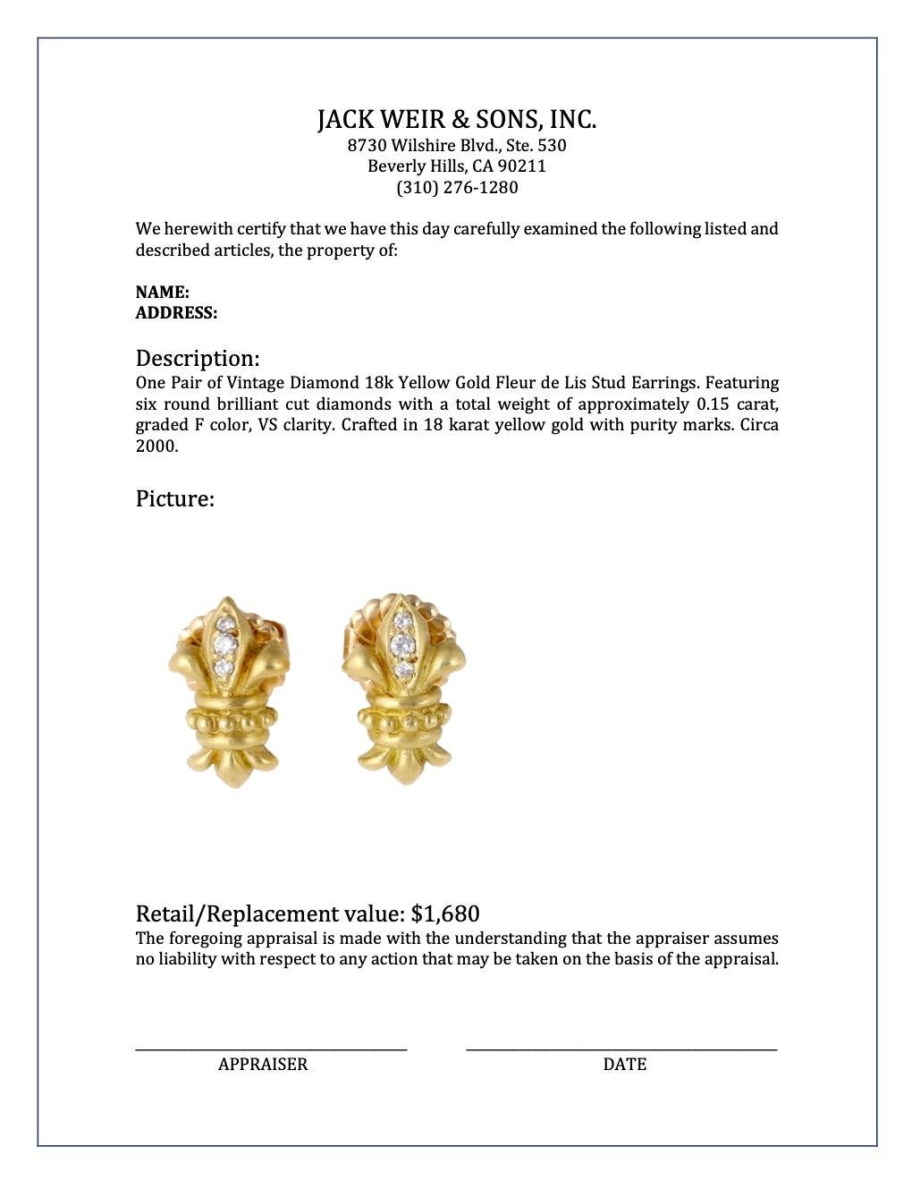 Vintage Diamond 18k Yellow Gold Fleur De Lis Stud Earrings In Good Condition In Beverly Hills, CA