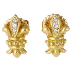 Vintage Diamond 18k Yellow Gold Fleur De Lis Stud Earrings