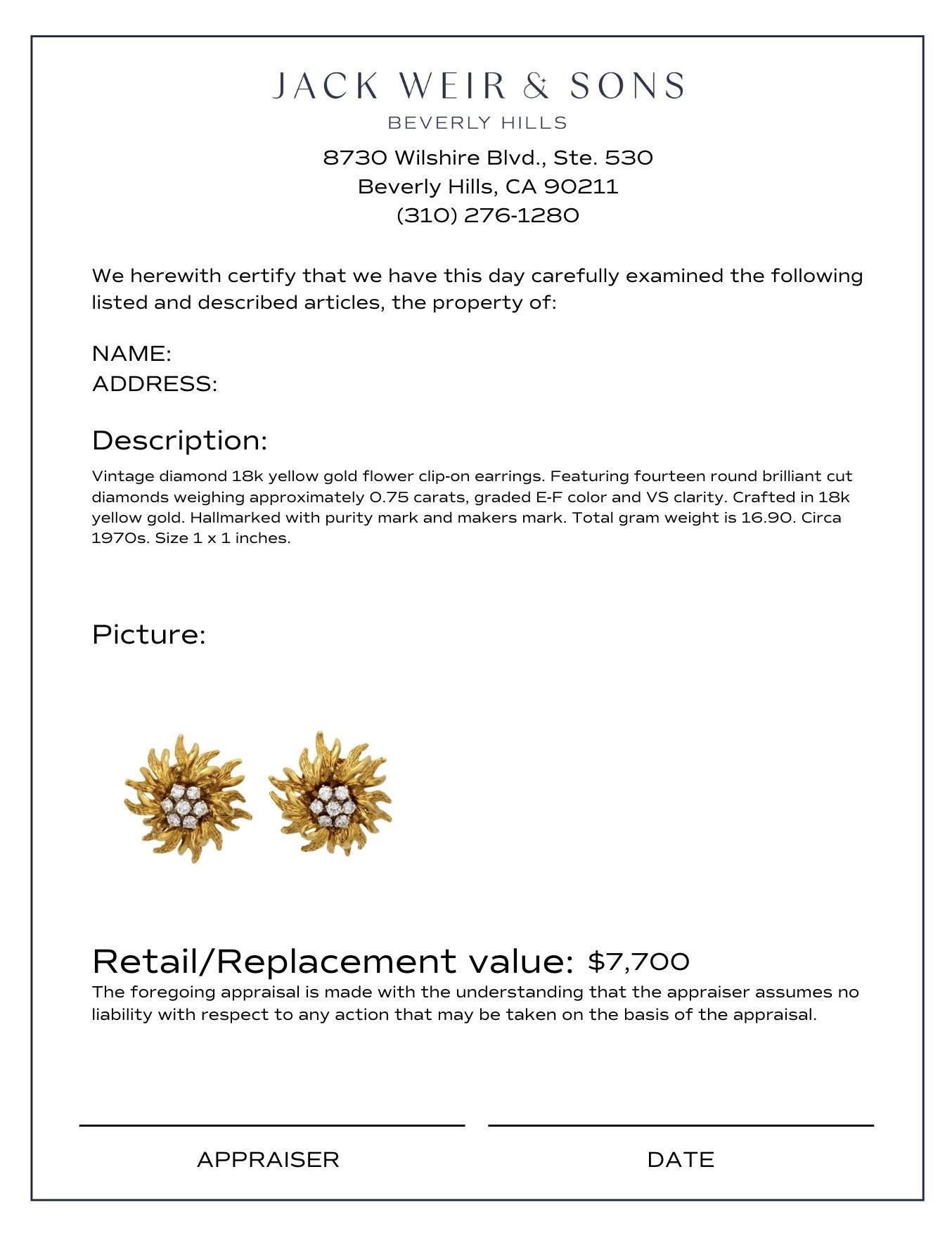 Donna Orecchini a clip a forma di fiore in oro giallo 18 carati con diamante d'epoca in vendita
