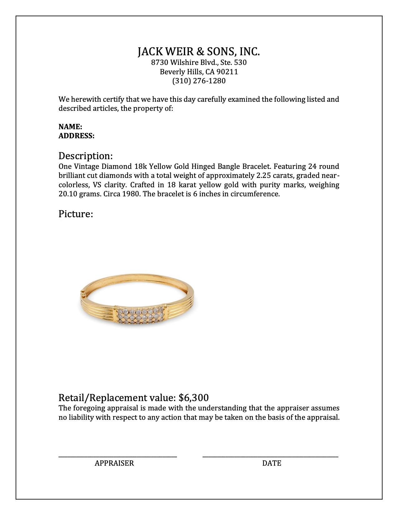 Bracelet jonc à charnières vintage en or jaune 18 carats avec diamants en vente 1