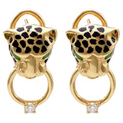 Vintage Diamond 18k Yellow Gold Panther Door Knocker Earrings