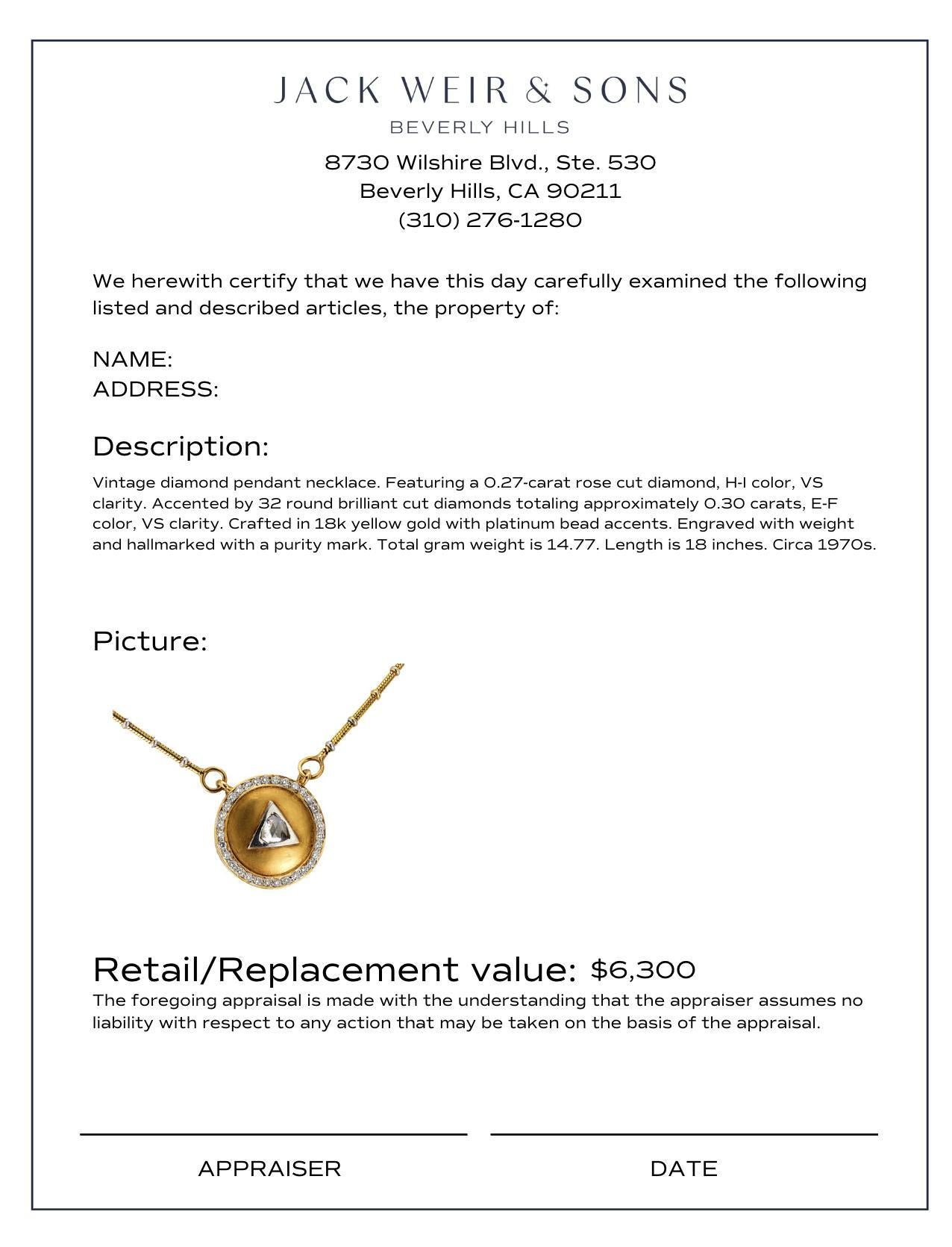 Rose Cut Vintage diamond 18k yellow gold pendant necklace