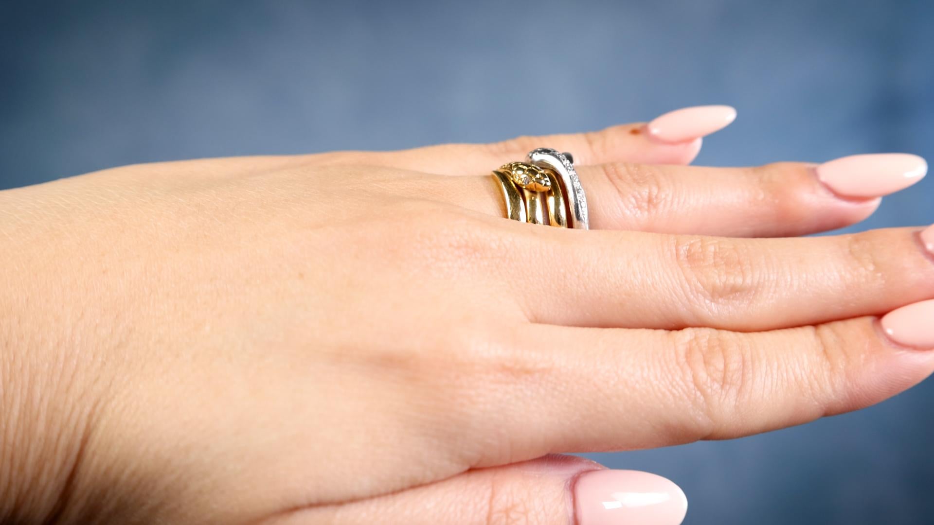 Single Cut Vintage Diamond 18k Yellow Gold Platinum Wrapped Snake Ring For Sale