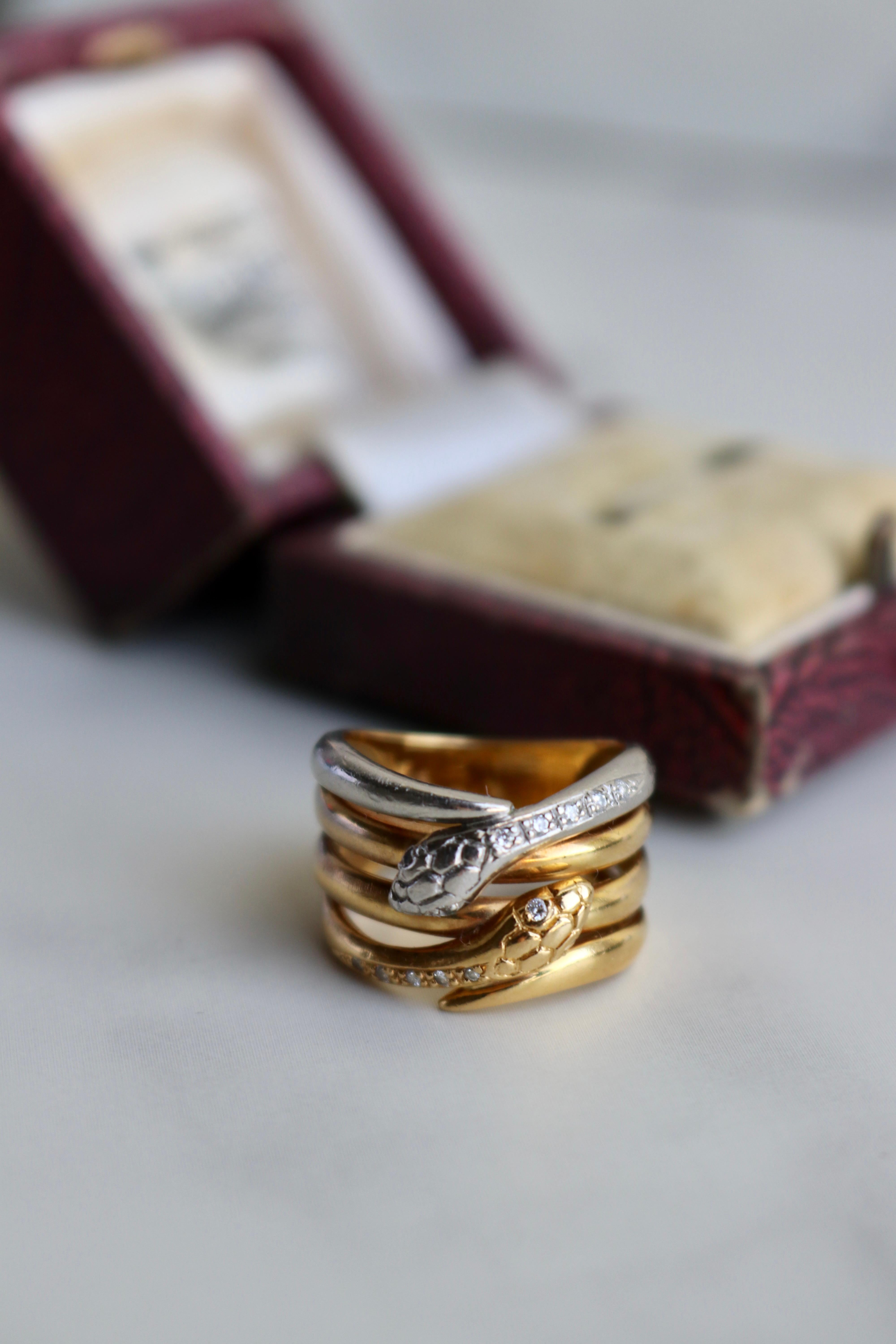 Women's or Men's Vintage Diamond 18k Yellow Gold Platinum Wrapped Snake Ring For Sale