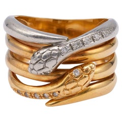 Retro Diamond 18k Yellow Gold Platinum Wrapped Snake Ring