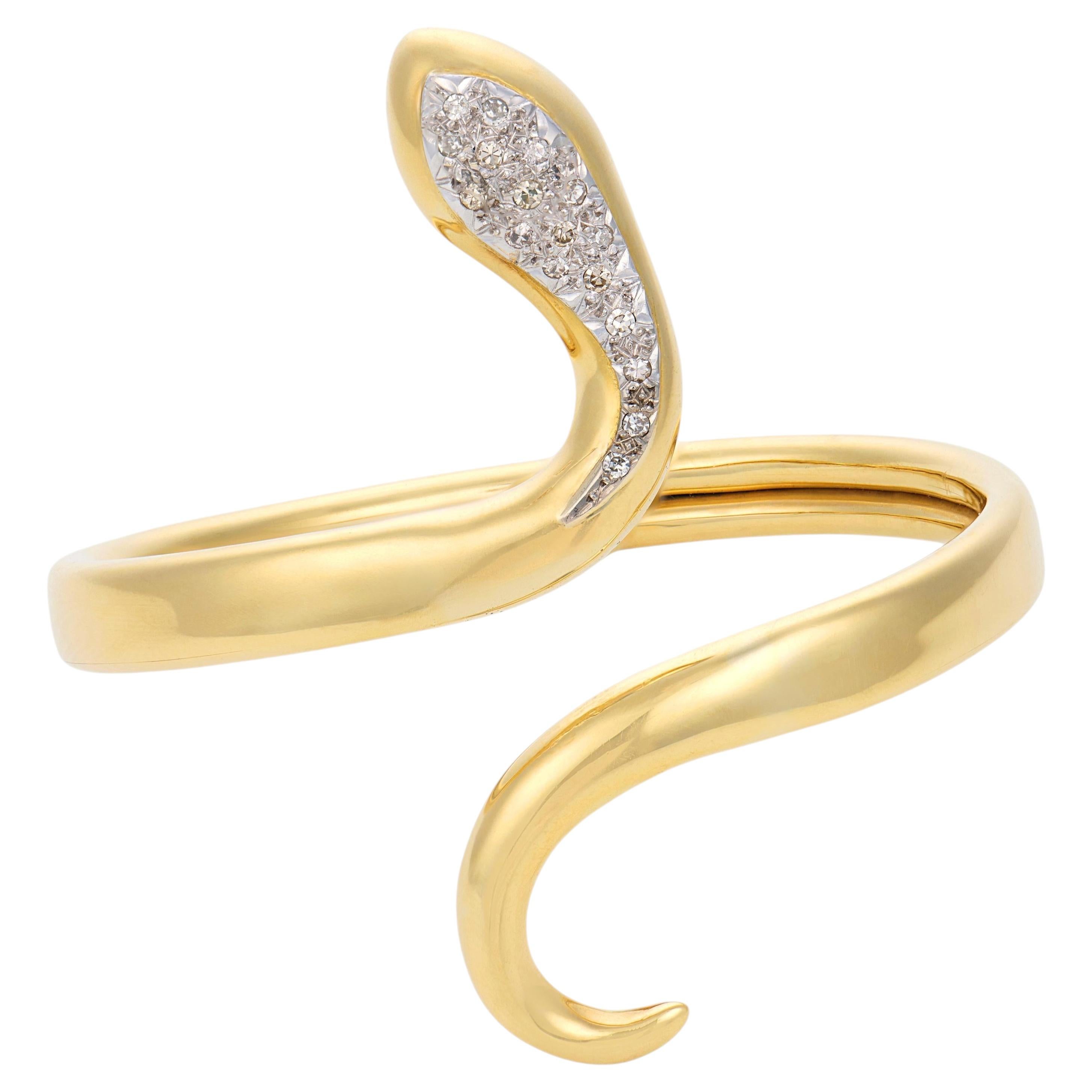 Vintage diamond 18k yellow gold snake bangle